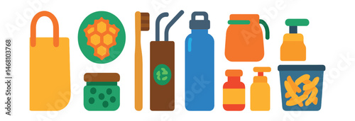 Flat vector icons of zero waste essentials: reusable shopping bag icon, beeswax wrap badge, bamboo toothbrush, stainless steel straw pack, reusable water bottle, cloth produce bag, refillable