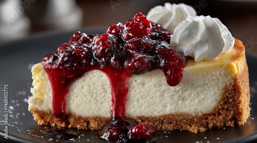 A delectable slice of cheesecake drizzled with berry compote and whipped cream on a black plate.