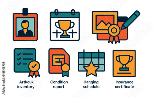Flat vector icons of gallery administration: curator profile badge, exhibit planning calendar trophy, artwork inventory list medal, loan agreement folder ribbon, wall label editor icon, condition