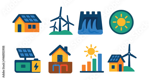 Flat vector icons of renewable energy solutions: solar panel roof icon, wind turbine field, hydroelectric dam symbol, renewable energy badge, home solar battery storage, geothermal heating icon,