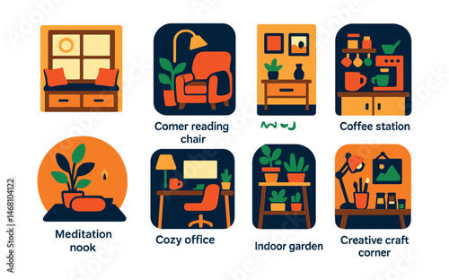 Flat vector icons of cozy home corners: window seat nook, corner reading chair, small art wall corner, coffee station corner setup, meditation nook badge, cozy office corner, mini indoor garden,