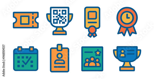 Flat vector icons of gallery ticketing systems: printed ticket stub badge, QR code ticket scan trophy, mobile ticket app medal, timed entry pass ribbon, reservation confirmation icon, walk-in