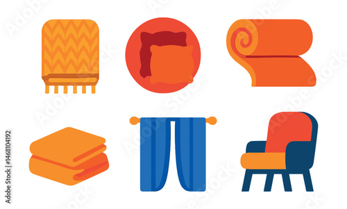 Flat vector icons of soft textures and materials: knitted throw blanket, velvet cushions badge, linen bed sheets, wool carpet roll, silk curtains set, soft rug corner, fleece bedspread icon, cozy