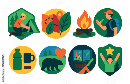 Flat vector icons of camping in nature: setting up eco campsites badge, planning leave no trace camping badge, building minimal impact campfires badge, practicing responsible camping behavior badge,