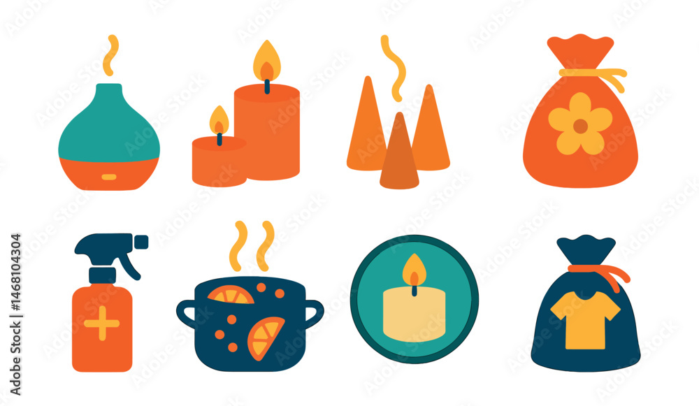 Fototapeta premium Flat vector icons of home fragrance options: essential oil diffuser icon, scented candle set, natural incense cones, dried flower sachet, aromatic room spray, simmer pot recipe, soy candle badge,