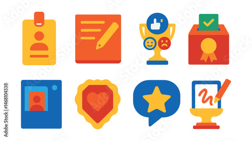 Flat vector icons of gallery visitor engagement: poll station device badge, write-your-thoughts wall trophy, reaction emoji buttons medal, survey card box ribbon, visitor story booth icon, “favorite