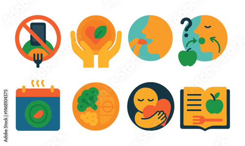 Flat vector icons of mindful eating habits: eating without distractions badge, practicing gratitude for food badge, chewing slowly badge, noticing hunger and fullness cues badge, savoring flavors