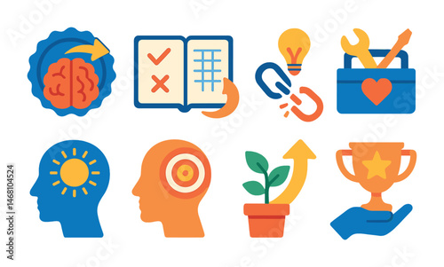 Flat vector icons of building mental resilience: practicing flexibility mindset badge, adapting to change planner, learning from failures badge, building coping toolkits badge, practicing positive