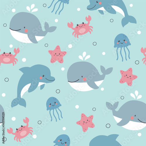 Cute sea animals seamless pattern. Background for kids with crab, dolphin, whale, jellyfish and starfish. Summer vector illustration. It can be used for wallpapers, wrapping, cards, patterns.