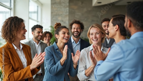 Diverse business team celebrates success in office. Group of happy professionals clapping hands, smiling. Celebrating good sales results, financial goal achieving. Teamwork, achievement, corporate.
