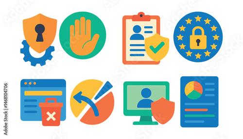 Flat vector icons of personal data control: privacy settings icon, control your data badge, personal information protection guide, GDPR compliance badge, delete my data request form, minimal data