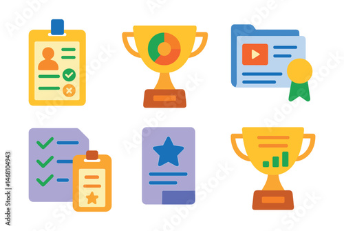 Flat vector icons of exhibition evaluation: visitor feedback form badge, attendance statistics chart trophy, media coverage folder medal, comment board review ribbon, post-event debrief sheet icon,