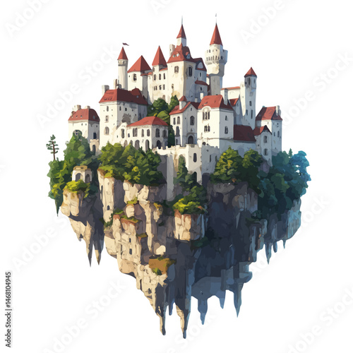 2D flat vector illustration of Floating Castle, isolated on a white background.