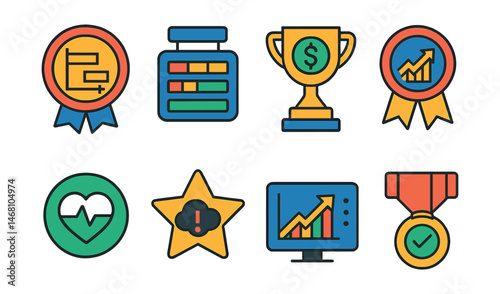 Flat vector icons of project analytics: project timeline tracking badge, resource allocation dashboard medal, budget vs actual costs trophy, project milestone analysis ribbon, project health score