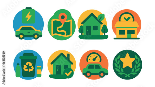 Flat vector icons of planning eco-friendly road trips: choosing electric vehicles badge, setting eco driving routes badge, supporting local eco stops badge, eating at sustainable roadside diners