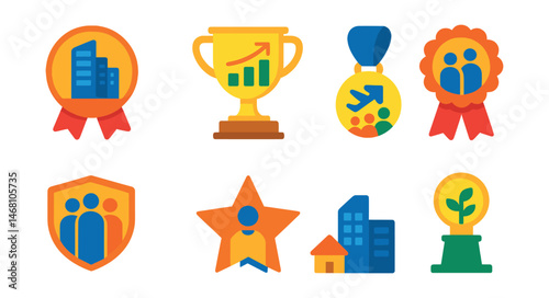 Flat vector icons of population and demographic forecasts: urbanization trend badge, population growth graph trophy, migration pattern forecast medal, aging population trend ribbon, workforce