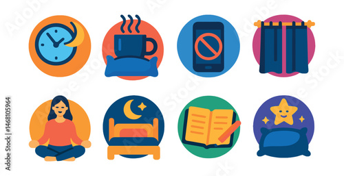 Flat vector icons of building healthy sleep habits: setting regular sleep schedules badge, creating bedtime rituals badge, reducing screen time before bed badge, using blackout curtains badge,