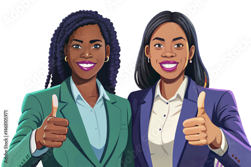 Confident African American businesswoman giving thumbs up gesture, symbolizing success, approval, and positivity. Isolated on white background, ideal for corporate, leadership, and diversity vector