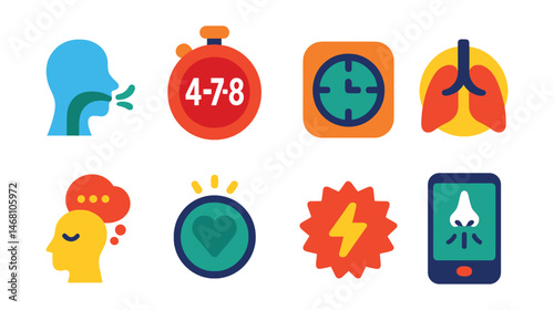 Flat vector icons of breathing exercises apps: deep breathing coach app, 4-7-8 breathing exercise, box breathing timer, relaxation breath guide, mindful breathing challenge, quick breathing break