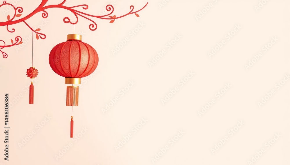 Obraz premium Festive Chinese Lanterns and Branch Decoration against a Peach Background