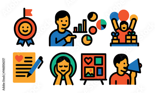 Flat vector icons of celebrating emotional growth: tracking emotional wins badge, building self-awareness charts badge, hosting emotional health celebrations badge, creating emotional vision boards