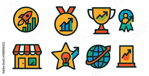 Flat vector icons of business growth forecasts: startup ecosystem growth badge, venture capital investment forecast medal, merger and acquisition trend trophy, entrepreneurship rate prediction ribbon