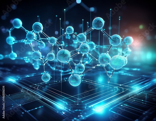 Digitales Molekülmodell in 3D auf einem futuristischen Interface