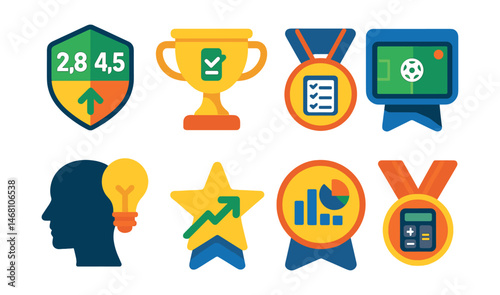 Flat vector icons of betting tools and features: betting odds comparison badge, cash out option trophy, bet builder tool medal, live match tracker ribbon, betting tips and advice icon, early payout