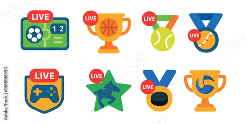 Flat vector icons of live betting events: live football betting screen badge, live basketball game odds trophy, live tennis set betting medal, live baseball innings betting ribbon, live esports match