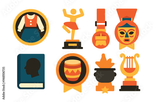 Flat vector icons of cultural history: folk costume badge, traditional dance pose trophy, ceremonial mask medal, heritage festival tent ribbon, oral history book icon, tribal drum badge, historical