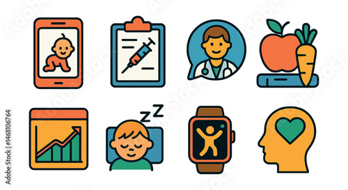 Flat vector icons of pediatric health apps: baby milestone tracker app, children’s immunization schedule, pediatric doctor chat, nutrition for kids app, growth monitoring chart, toddler sleep guide,