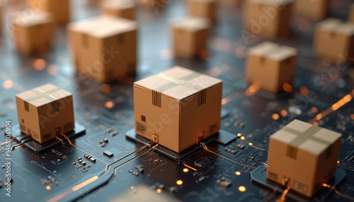Illustration e-commerce logistics network. Cardboard boxes on circuit board represent global digital e-business supply chain, connections, movement, speed, optimization. Online shopping,