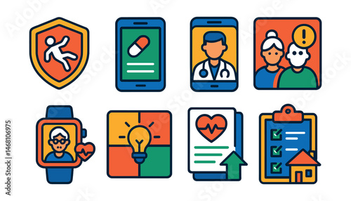 Flat vector icons of elder care and wellness apps: fall detection badge, medication schedule app for seniors, remote doctor consultation, family alert system, senior wellness monitoring app, memory