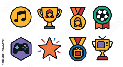 Flat vector icons of fun and entertainment quizzes: music trivia badge, movie quiz trophy, celebrity knowledge test medal, sports trivia challenge ribbon, gaming quiz badge, pop culture trivia star,