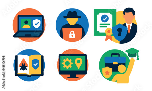 Flat vector icons of attending cybersecurity workshops: joining cybersecurity webinars badge, participating in ethical hacking challenges badge, completing basic cyber certifications badge, learning