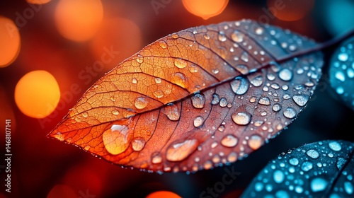 Vibrant close up of a single dew covered leaf its intricate veins and natural patterns highlighted by soft morning sunlight