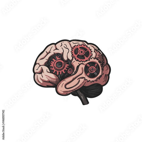 2D flat Brain With Gears vector illustration, isolated on a white background.