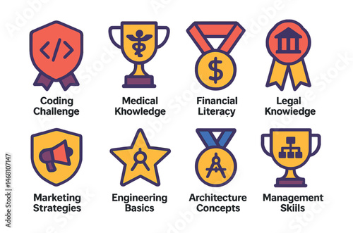 Flat vector icons of specialized professional quizzes: coding challenge quiz badge, medical knowledge test trophy, financial literacy quiz medal, legal knowledge trivia ribbon, marketing strategies