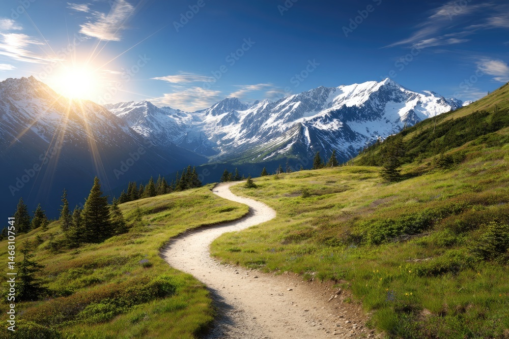 Scenic mountain path at sunrise. Lush landscape, winding trail, snow-capped peaks Scenic mountain path at sunrise. Lush landscape, winding trail, snow-capped peaks