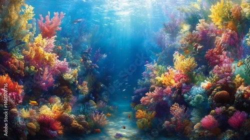 Vibrant coral reef underwater teeming with marine life and colorful fish