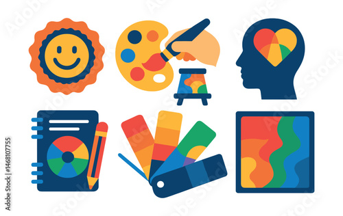Flat vector icons of using colors for emotional expression: creating color emotion charts badge, practicing mood-based painting badge, exploring color psychology basics badge, journaling feelings