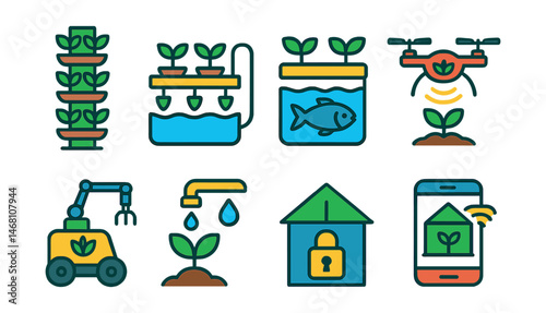 Flat vector icons of sustainable agriculture technologies: vertical farming tower, hydroponics system setup, aquaponics fish tank, organic farm drone monitoring, precision agriculture robot,