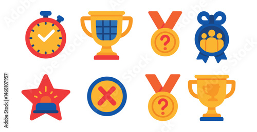 Flat vector icons of competition quizzes: fastest answer challenge badge, quiz knockout tournament trophy, solo quiz battle medal, team trivia championship ribbon, buzzer race contest star,