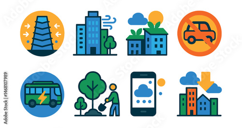 Flat vector icons of clean air innovations: air purification tower badge, anti-pollution city design, green roofs for clean air, car-free urban zone badge, electric public transport zone, urban tree
