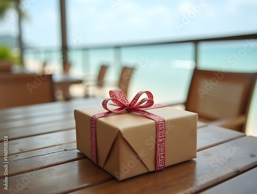 Close-up shot of a birthday gift on a rustic wooden table, set in a summer cafe. The background features a serene ocean view with soft waves.
