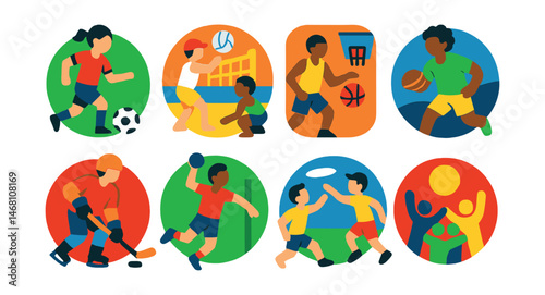 Flat vector icons of team sports dynamics: soccer training sessions badge, volleyball beach tournaments badge, basketball community games badge, rugby youth camps badge, hockey beginner classes badge
