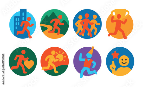 Flat vector icons of running clubs and communities: city running clubs badge, trail running meetups badge, beginner jogging groups badge, marathon preparation badge, charity run participation badge,