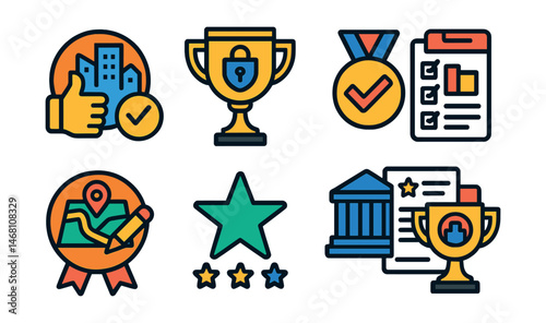 Flat vector icons of community and local area surveys: city development feedback badge, neighborhood safety survey trophy, public transport satisfaction poll medal, local event feedback form ribbon,