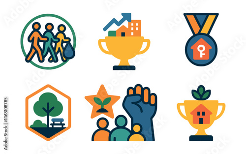 Flat vector icons of community activism: neighborhood clean-up march badge, local development advocacy trophy, housing rights protest medal, food security campaign ribbon, public park protection