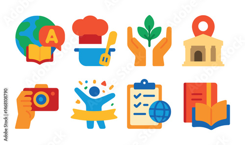 Flat vector icons of learning through travel: participating in language immersion programs badge, attending cooking classes abroad badge, volunteering for conservation projects badge, taking part in
